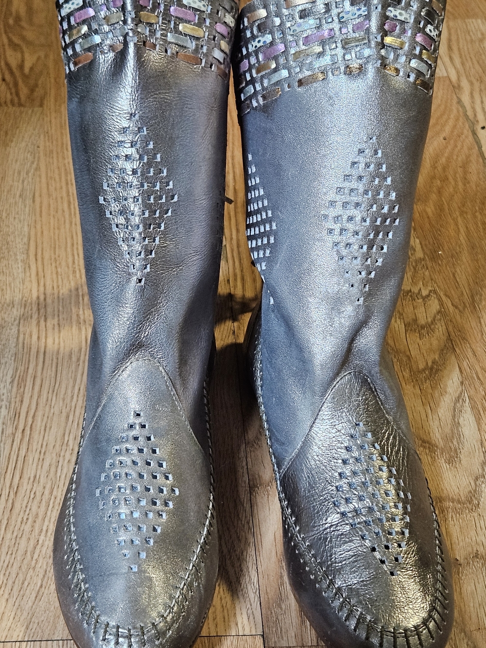 Women's Metallic Gray Heeled Boots - Sleek Perforated Design